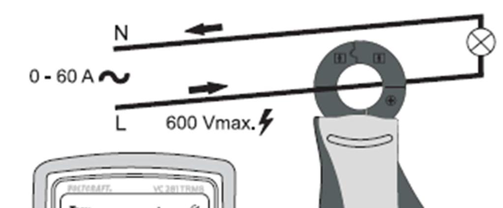 Při měření střídavého proudu až do max. 60 A postupujte následujícím způsobem: - Zapněte multimetr a zvolte režim měření A. Na displeji se zobrazí A a DC.