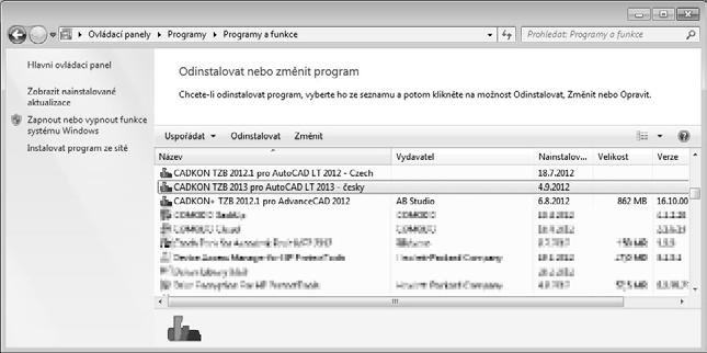bod 1 kapitoly První instalace CADKONu TZB), kde dojde k zobrazení dialogového panelu Změna, oprava nebo odstranění programu.