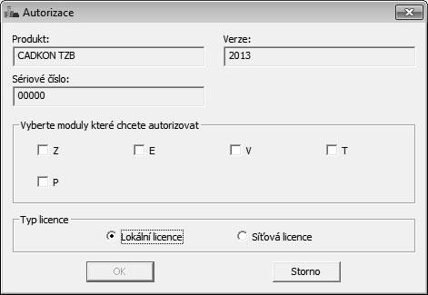V případě autorizace samotného CADKONu TZB, zatrhněte moduly, které máte zakoupené (Z Zdravotechnika, T Vytápění a potrubí, V Vzduchotechnika, E Elektroinstalace, P AB Protect umožňující zabezpečení