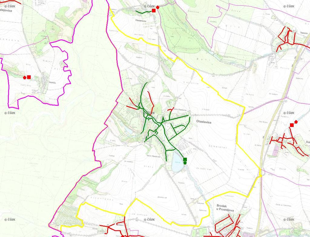 E. KANALIZACE A ČOV Mapa E1: Kanalizace - rozvody v obci Trasování sítí, lokalizace ČOV, čerpací stanice (ČS), výústě Obec: Otaslavice Legenda: Kanalizace: Ochranné pásmo: Vyústění: do 2015 po 2015 I