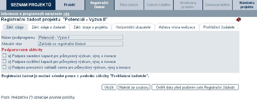 rozkliku záložky Registrační žádost v horní liště Seznam projektů.
