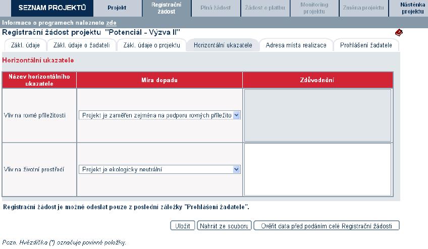 Registrační žádost obsahuje 6 záložek, které je nutné vyplnit: Základní údaje Základní údaje o žadateli Základní údaje o projektu Horizontální ukazatele Adresa místa realizace Prohlášení žadatele Při