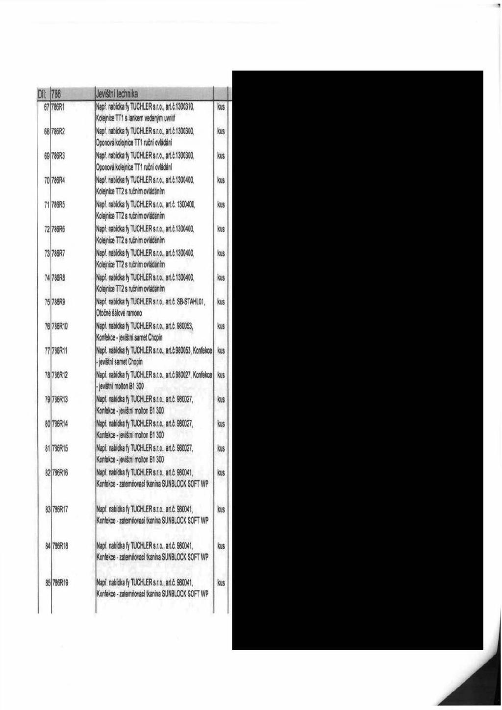 Díl: 786 67 786R1 68 786R2 69 786R3 Jevišní echnika Např. nabídka fy TUCHLER s.r.o., ar.č.1300310, Kolejnice TT1 s lankem vedeným uvniř Např. nabídka fy TUCHLER s.r.o., ar.č.1 300300, Oponová kolejnice TT1 ruční ovládáni Např.