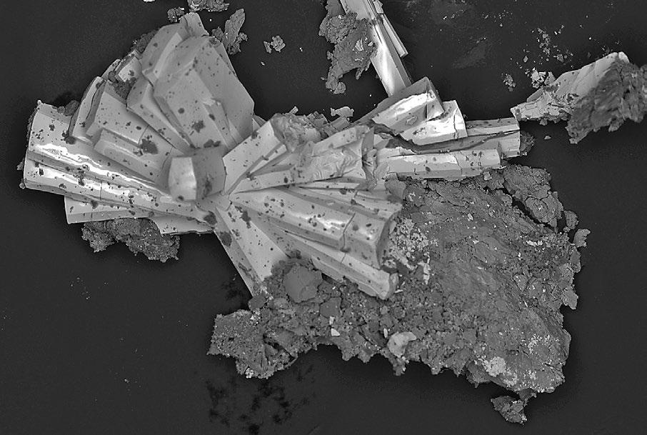 2 hm. %). Malachit Zn-bohatý malachit tvoří světle zelené polokulovité agregáty o rozměrech do 0.2 mm (obr. 24). Byl nalezen na vzorcích z haldového materiálu nad štolou Johannes.