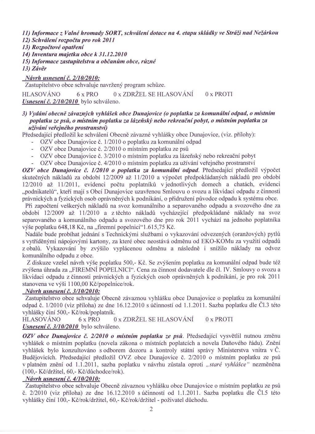 11) Informace z Valné hromady SORT, schváleni dotace na 4. etapu skládky ve Stráži nad Nežárkou 12) Schváleni rozpočtu pro rok 2011 13) Rozpočtové opatřeni 14) Inventura majetku obce k 31.12.2010 15) Informace zastupitelstvu a občanům obce, různé 13) Závěr Návrh usneseni č.