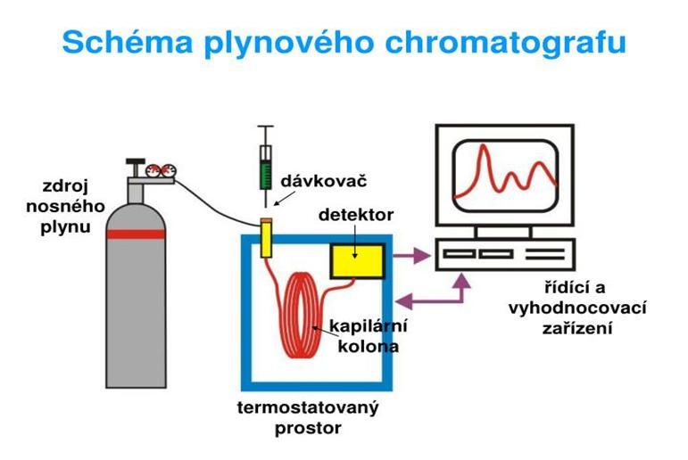 Obrázek 3: Schéma plynového chromatografu. Zdroj: obr.schéma plynového chromatografu ( https://www.slideserve.com/grover/separa-n-metody-chromatografie) Plynový chromatogram je tvořen několika části.