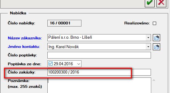 Verze 4.0.8 Číslo zakázky v nabídce Pro potřebu zpětné kontroly realizovaných zakázek byla do karty nabídky doplněna nová položka Číslo zakázky.