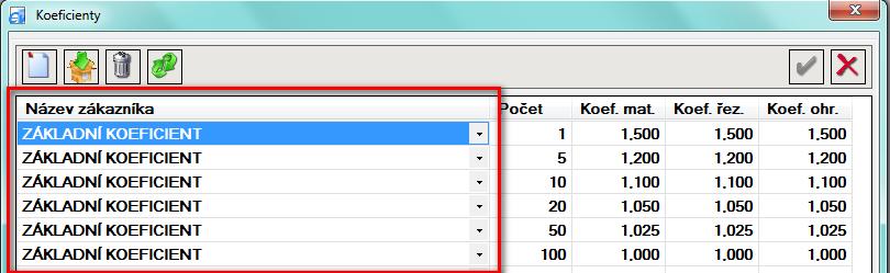 Verze 4.1.0 Koeficienty přirážek/slev pro jednotlivé zákazníky Do formuláře "Koeficienty" (Nastavení / Ceny / Koeficienty) byl přidán nový sloupec "Název zákazníka".