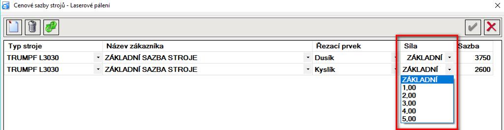 Verze 5.0.0 Cenové sazby strojů dle tloušťky Do formuláře "Cenové sazby strojů" (Nastavení / Technologie /... / Sazby strojů) byl přidán nový sloupec "Síla".