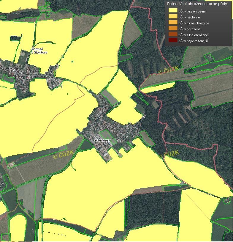 Potenciální ohroženost orné půdy v k.ú. Poděvousy větrnou erozí: Zdroj: http://mapy.vumop.