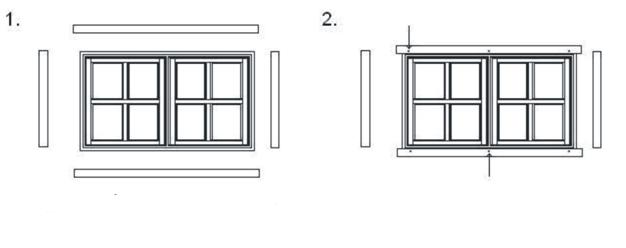 4.10. Okna: Okna se instalují stejným způsobem jako dveře: Položte si okenní rám a čtyři lišty na stabilní plochu.