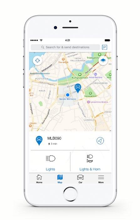 MAPA Na mapě aplikace Volvo On Call zjistíte, kde je Váš vůz zaparkován a kde se momentálně nacházíte Vy, přičemž si zde zároveň můžete najít destinaci, kterou lze následně odeslat do navigačního