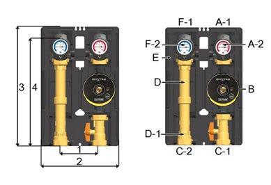 8) Technický nákres a rozměry: 1) Rozteč 125 mm 2) Šířka izolace 250 mm 3) Výška izolace 383 mm 4) Délka modulu 340 mm A-1 Přívod (otopný systém) A-2 Celokovový teploměr B Oběhové čerpadlo C-1 Přívod