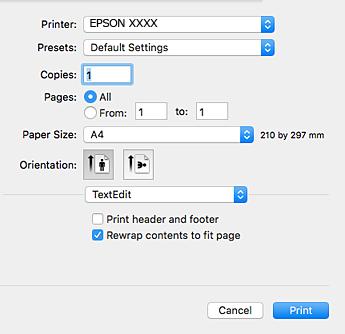 Informace o síťových službách a softwaru Průvodce ovladačem tiskárny v systému Mac OS Dialog tisku Přepnutím místní nabídky na střed obrazovky zobrazíte další položky.
