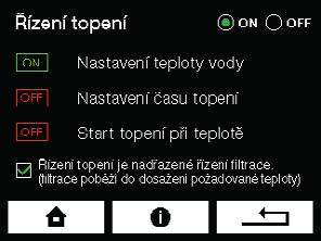 Řízení topení Měření teploty vody a řízení ohřevu K měření teploty vody je používán elektronický teploměr s vysokou přesností. Ten by měl být nainstalován ve vtokovém potrubí z bazénu.