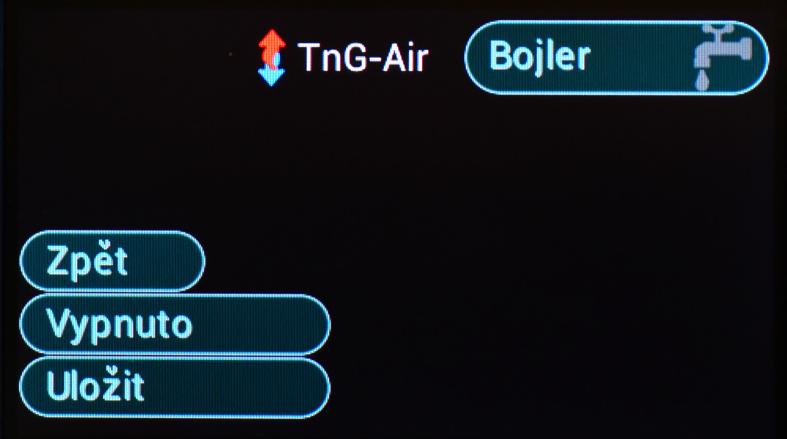 Strana 19 Základní popis pro nastavení BOJLER Vypnutý ohřev bojleru PIN 9300 Výběr obsluhy ohřevu bojleru provedete dotykem na text VYPNUTO nebo ZAPNUTO.