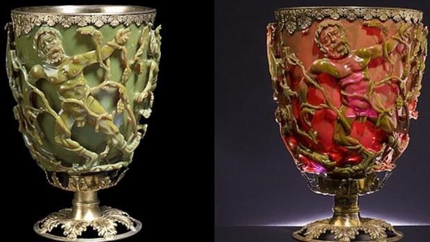 Obrázek 1.3: Lykurgùv pohár. Tento pohár vykazuje zajímavé optické vlastnosti, proto¾e se v odra¾eném svìtle jeví jako zelený, zatímco v pro¹lém svìtle se jeví jako èervený.