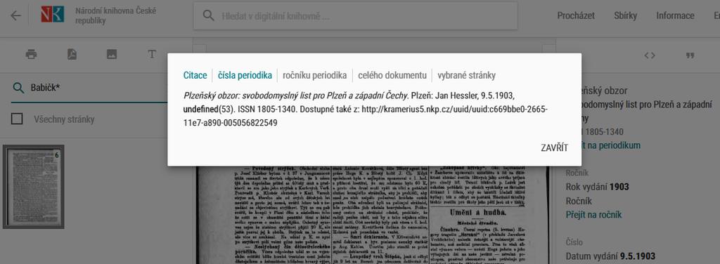 CITOVAT LZE CELÉ PERIODIKUM pokud citaci vytváříte z přehledu ročníků z aktuálně prohlíženého ročníku / čísla / stránky CITOVAT LZE I PRO