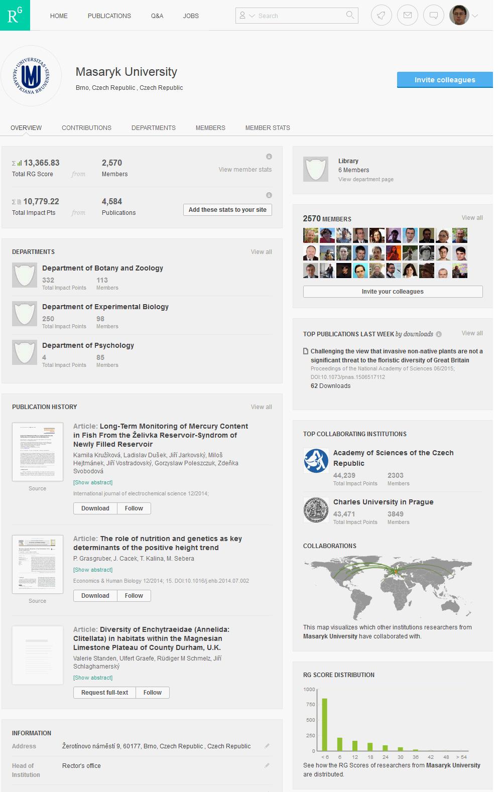 3. V záložce RG Score naleznete údaje o vývoji míry vašeho zapojení v ResearchGate, jako jsou počet publikací, komunikace s ostatními uživateli apod.