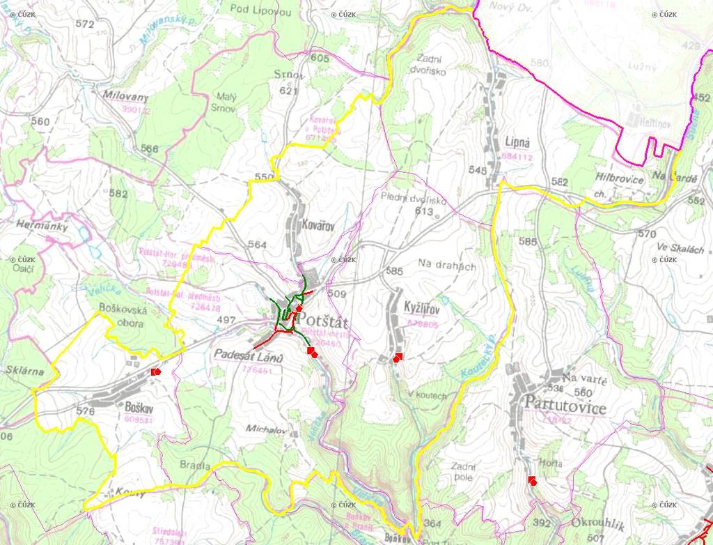 E. KANALIZACE A ČOV Mapa E1: Kanalizace - rozvody v obci Trasování sítí, lokalizace ČOV, čerpací stanice (ČS), výústě Obec: Potštát Legenda: Kanalizace: Ochranné pásmo: Vyústění: do 2015 po 2015 I IA