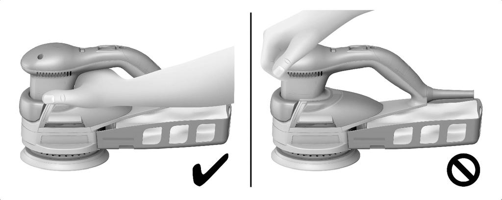 5.5.2 Kvalitní práce Veďte nářadí jednou rukou za rukojeť pro kvalitní práci. Umožňuje vedení jednou rukou blízko povrchu. 5.5.3 Svislá práce Veďte nářadí za rukojeť pro kvalitní práci. 5.6 Broušení 1.