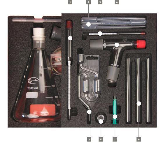 Schéma uložení pomůcek sady lexsolar-biofuel Large 1 L2-06-079 Hustoměr 5 L2-06-076 Kvasný uzávěr 2 3xL2-06-085 Pasteurova pipeta 6 L2-06-084 Zátka 3