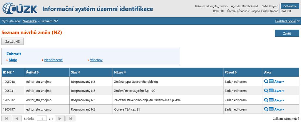 1a Obrazovka Seznam návrhů změn (NZ) v dosavadním uživatelském