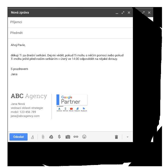 PŘÍKLADY Digitální materiály, které nejsou kompatibilní s online odznakem Přidejte statický odznak Google Partner do své e-mailové komunikace, abyste svým