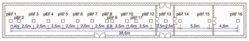 4.2 Laboratorní pilířová základna Pilířová základna je tvořena 16 betonovými pilíři seřazenými do jedné přímky.