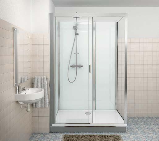 baterie, výškově stavitelný držák, ruční sprcha, hlavová sprcha, polička Zadní stěny ze 6 mm bezpečnostního skla ve dvou barevných