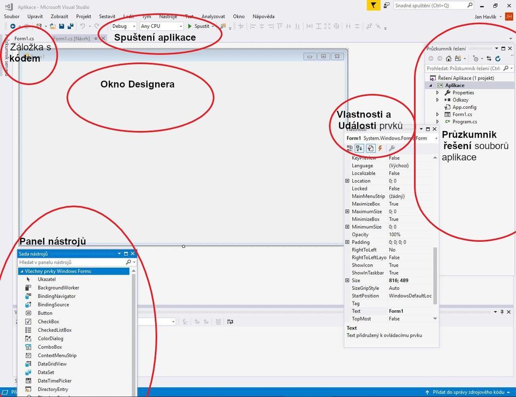 Vpravo se nachází Průzkumník řešení, ve kterém vidíme a můžeme otevírat jednotlivé součásti projektu (Design, Kód, Resources ) Připojením události prvku nebo možností Zobrazit/Kód spustíme