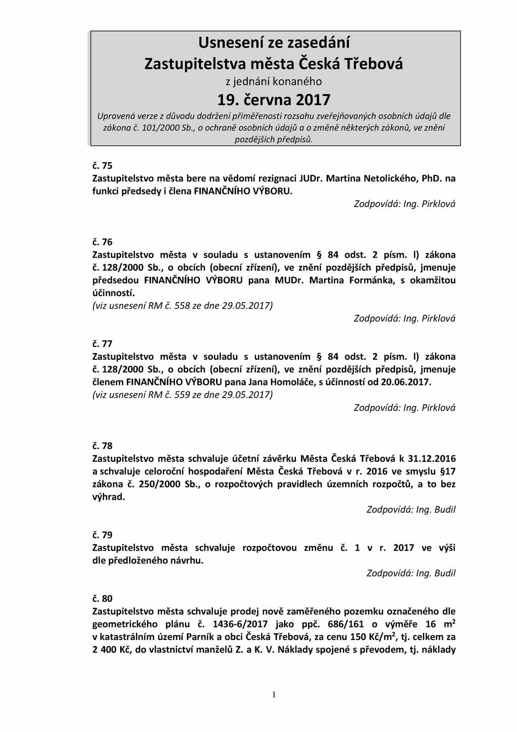 č. 75 Zastupitelstvo města bere na vědomí rezignaci JUDr. Martina Netolického, PhD. na funkci předsedy i člena FINANČNÍHO VÝBORU. Zodpovídá: Ing. Pirklová č.