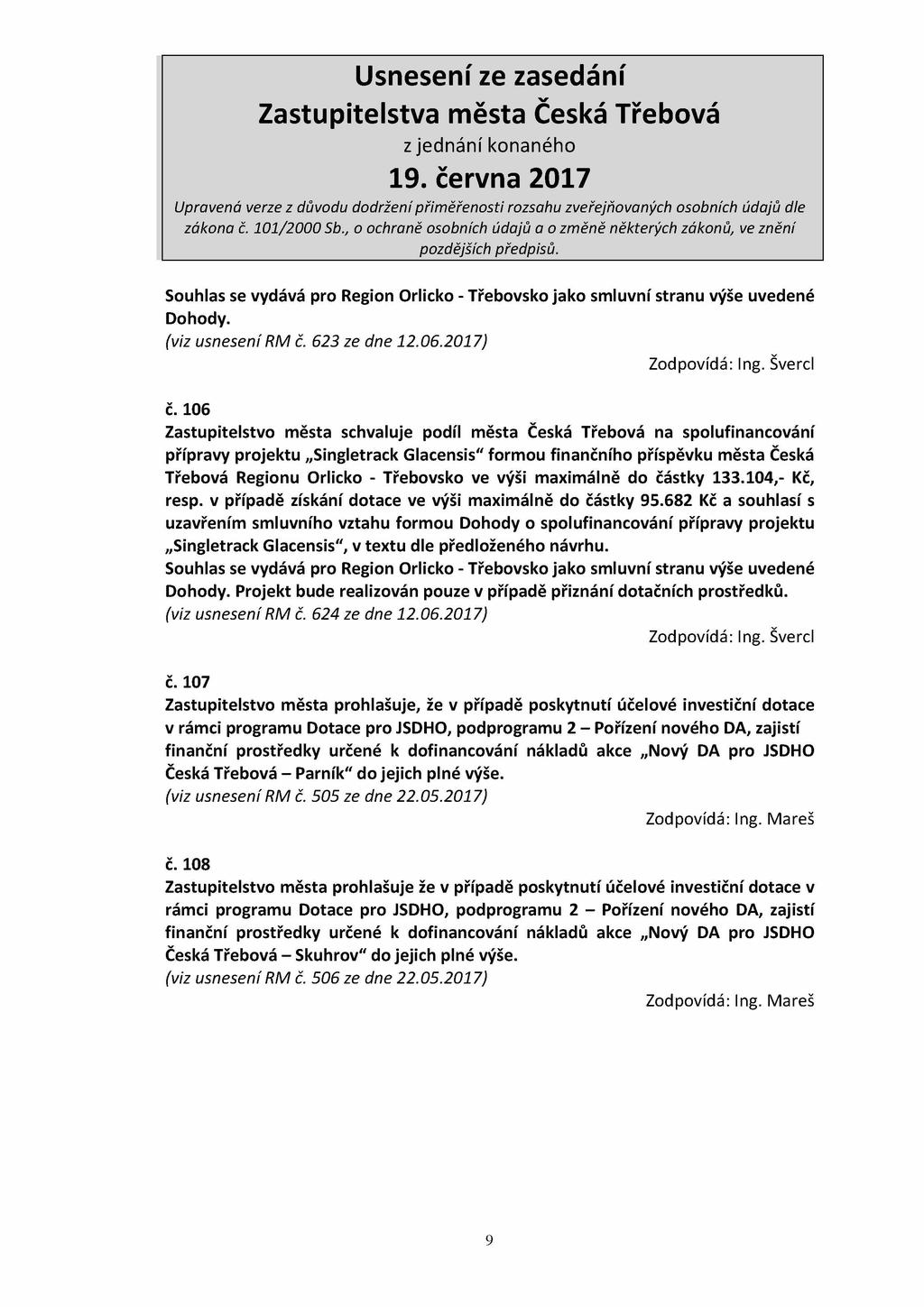 Souhlas se vydává pro Region Orlicko - Třebovsko jako smluvní stranu výše uvedené Dohody. (viz usnesení RM č. 623 ze dne 12.06.2017) Zodpovídá: Ing. Švercl č.