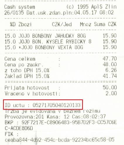 Příklad účtenky: Datum odeslání SMS musí být shodné anebo následovat za datem soutěžního nákupu, čas odeslání SMS musí následovat až po času soutěžního nákupu. Pořadatel resp.