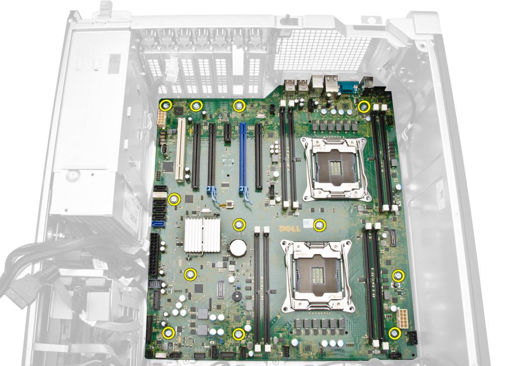 PCIe f zajištění karty PCIe g paměťové moduly, h procesor 3 Od konektorů základní desky odpojte všechny kabely.