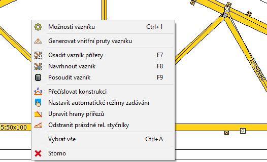 Aktuální podoba místní nabídky pro vazník v části Výpočet Úpravy v tabulce vazníků Do tabulky vazníků byl přidán nový sloupec Tlak ve spojích, který snadno zpřístupňuje volbu Způsob přenosu tlakové