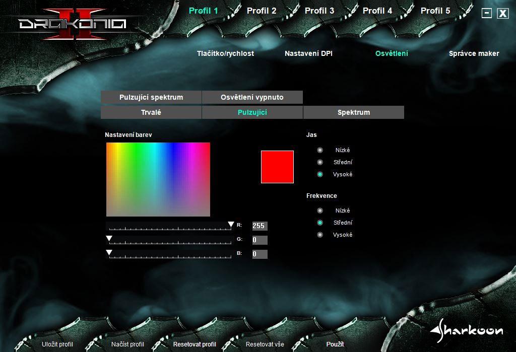 8. Osvětlení V této nabídce lze jednotně vybrat a upravit osvětlení loga, palcových tlačítek a posouvacího kolečka Drakonia II. K dispozici je výběr čtyř světelných efektů a také vypnutí osvětlení.