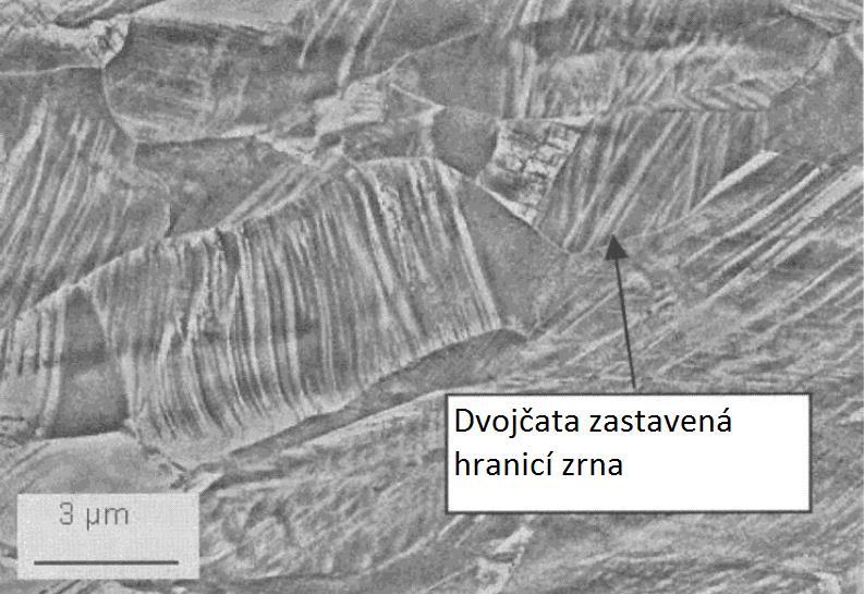 obr. 15 Mikrostruktura TWIP oceli s dvojčaty [3] Pro svoje mechanické vlastnosti se tyto oceli využívají na přední i zadní nárazníky, ovládací ramena, podlažní příčníky a dveřní nárazové prvky. [2] 3.