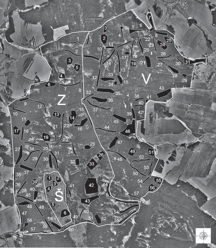 Acta rerum naturalium 5: 115 132, 2008 ISSN 1801-5972 Obr. 1. Vymezení hranic území, podploch a lokalit (M 1 : 30 000). Fig. 1. Delimitation of the studied area, macro- and microlocalities.