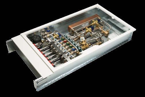 Dual Nano Bytová stanice obsahuje modul na čerstvou teplou vodu a topný modul s integrovaným rozdělovačem podlahového topení s možností připojení radiátorů.