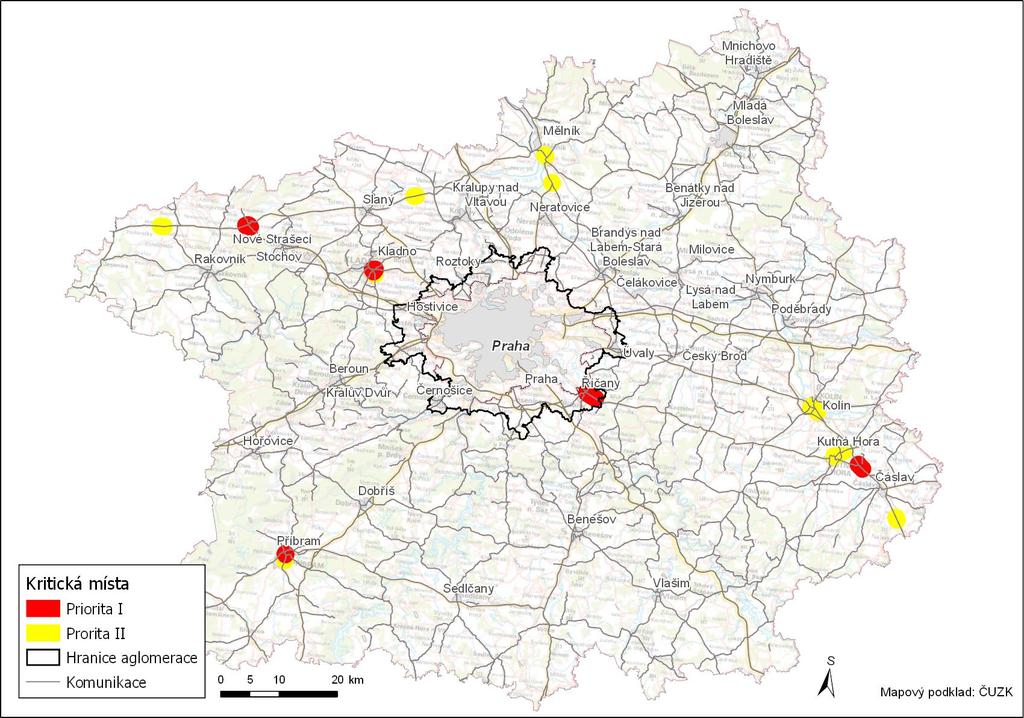 Obr. 4: Přehledná situace kritických míst ve Středčeském kraji a aglmeraci