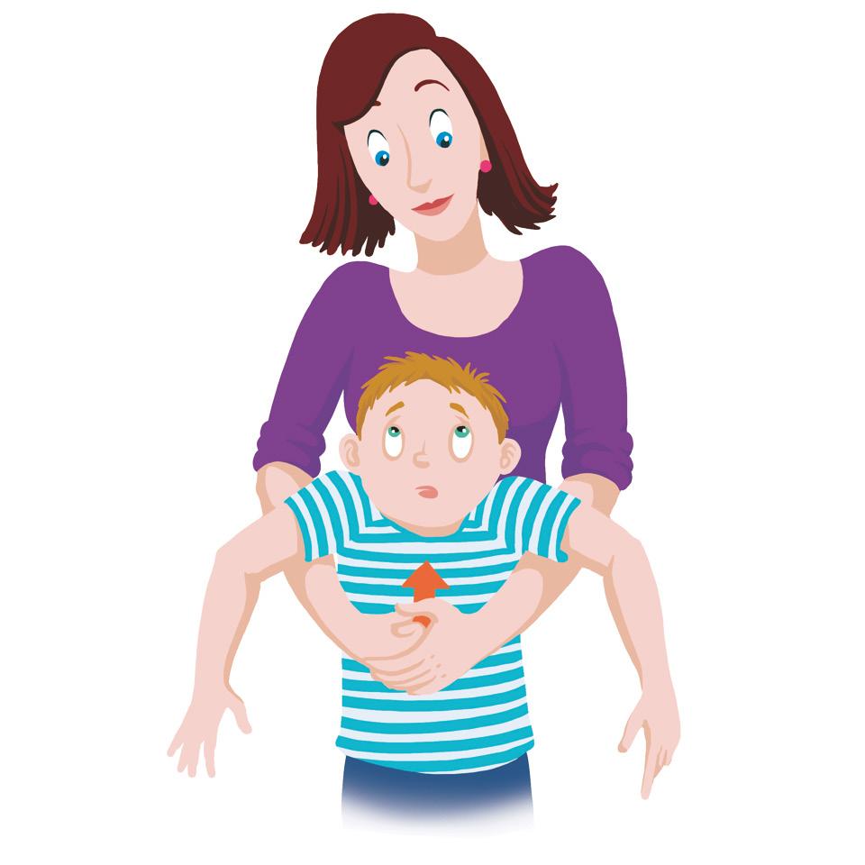 Vdechnutí cizího tělesa 3/3 Heimlichův manévr 5. Když nepomohou údery mezi lopatky, postav se za dítě. Obejmi rukama hrudník dítěte a svojí pěstí silně a rychle zatlač na místo nad pupíkem dítěte.