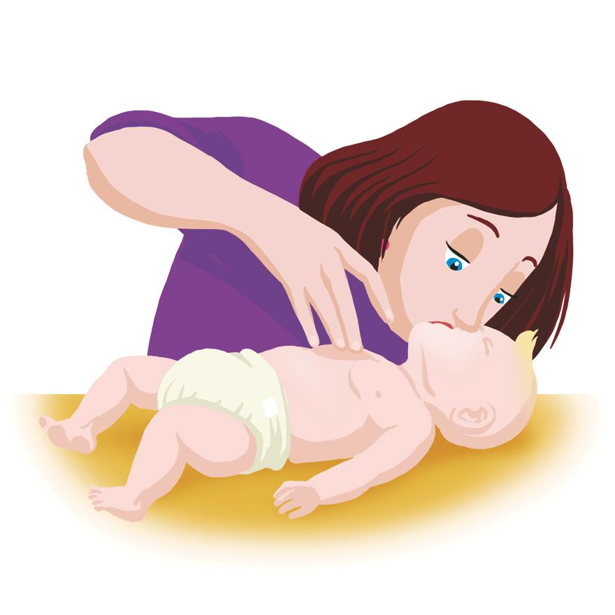 Dítě nedýchá 2/2 Resuscitace kojence vdech do úst i nosu dítěte, stlačování dvěma prsty Stlačování se provádí na spodní části hrudní kosti, dvěma prsty.