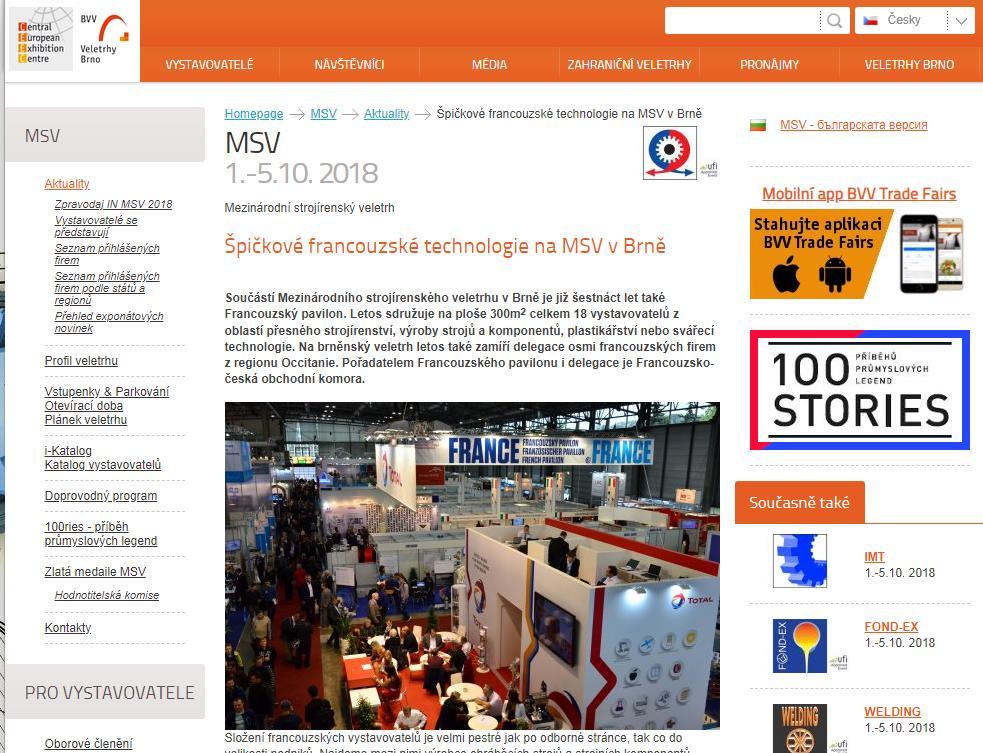 Špičkové francouzské technologie na MSV v Brně Les technologies de pointe françaises au salon MSV à Brno Veletrhy Brno Datum / Date : 27. 9.