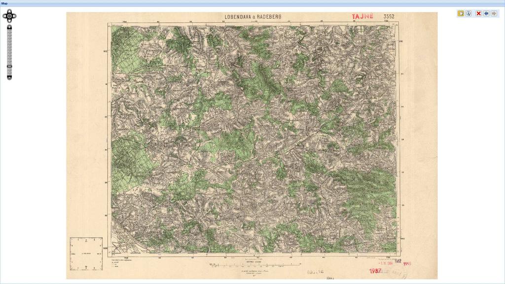 Obrázek 11: Ukázka zobrazení mapového listu v MapViewer. v příslušném řádku. V mapě je možné přidat jakoukoliv WMS nebo WFS pomocí OWS Manageru v pravém menu.