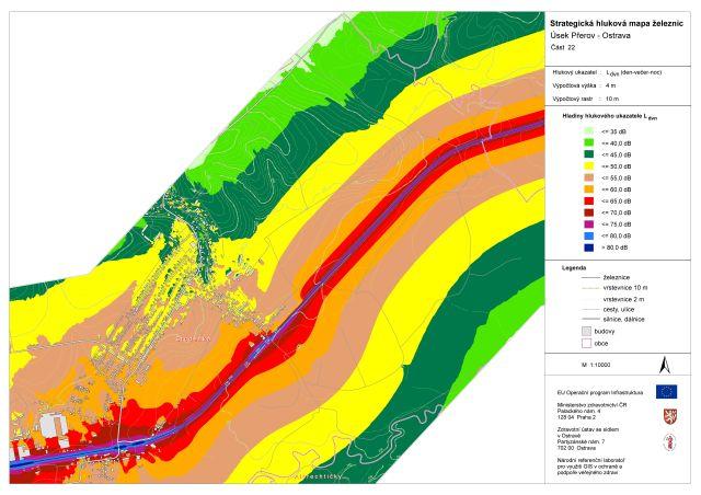 Obrázek č. 9 Hluková mapa železnice vedoucí podél města Studénka - 2 Zdroj: Ministerstvo zdravotnictví ČR 2.