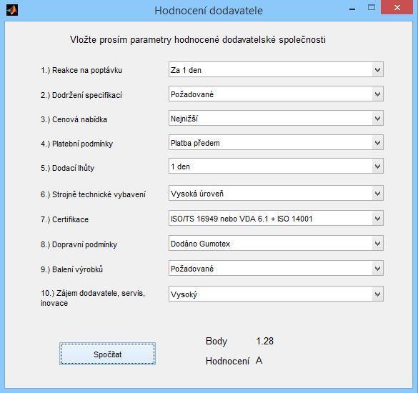 Obrázek 38: Formulář pro hodnocení dodavatele v MATLAB (Vlastní zpracování) Vyhodnocovací formulář je v prostředí MATLAB GUI sestaven z deseti Pop-up Menu, po jejichţ rozevření se uţivateli zobrazí