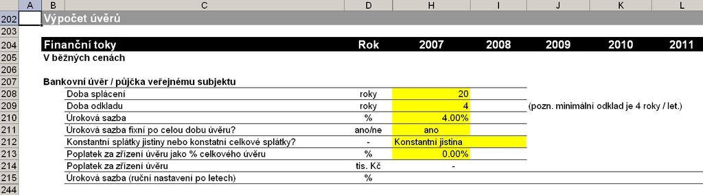 předpokládáno využití úvěru od bankovního subjektu, musí být nastaveny parametry předpokládaného úvěru viz. buňky [H208 až H215].