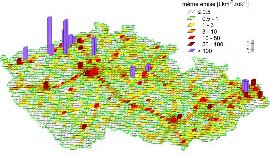 Výchozí stav Faktory rozvoje: Emise znečišťujících látek emisní hustoty NOx v ČR (2009):