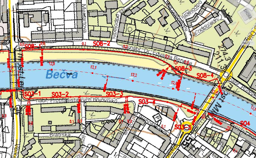 Obrázek 7.6 Trasa SO3 (červeně tučně plně) SO4 km.